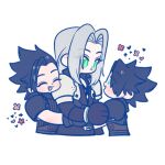  105zz 3boys armor belt black_coat black_gloves black_hair black_shirt blue_eyes blue_shirt brown_belt chest_strap chibi chibi_only closed_eyes coat commentary_request crisis_core:_final_fantasy_vii cropped_torso earrings final_fantasy final_fantasy_vii gloves green_eyes grey_hair hair_slicked_back hug hug_from_behind jewelry long_hair looking_at_another male_focus multiple_boys open_mouth parted_bangs pauldrons ribbed_shirt sephiroth shirt shoulder_armor single_earring slit_pupils smile upper_body white_background yaoi zack_fair 