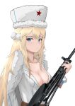  1girl absurdres blonde_hair blue_eyes breasts dp-28 dp28_(girls&#039;_frontline) expressionless fur-trimmed_headwear fur-trimmed_jacket fur_trim girls&#039;_frontline gun highres holding holding_gun holding_weapon jacket long_hair looking_at_viewer red_star rspvo_neva russian_flag solo very_long_hair weapon white_background white_headwear white_jacket 