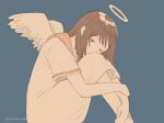  1girl angel_wings bangs blue_background brown_eyes brown_hair covered_mouth dress feathered_wings feet_out_of_frame fukaba_mika haibane_renmei half-closed_eyes halo hatching_(texture) head_rest hugging_own_legs knees_to_chest knees_up linear_hatching medium_hair rakka_(haibane) red_sailor_collar sad sailor_collar sailor_dress short_sleeves simple_background sitting solo straight_hair swept_bangs twitter_username white_dress white_wings wings 