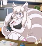  9_tails abs anthro bangs big_breasts big_tail blue_eyes breasts brush canid canine clothing curvy_figure ear_tuft female figurine fluffy fluffy_tail focused fox fox_spirit fur g-string generation_1_pokemon grey_body grey_fur hair hourglass_figure inner_ear_fluff jar living_room long_hair low_pants mammal mastergodai multi_tail ninetales nintendo paint paintbrush pallet plant pokemon pokemon_(species) shirt small_waist solo tank_top tongue tongue_out topwear tuft underwear video_games wide_hips 