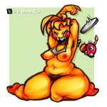 1:1 absurd_res animatronic areola armpit_hair avian beakless bib bird black_armpit_hair black_pubes blonde_hair blush blush_stickers body_hair breasts chicken clothing cupcake cupcake_(fnaf) eyebrows eyelashes eyes_closed female five_nights_at_freddy's five_nights_at_freddy's_2 food galliform grin hair hands_behind_head hi_res ineffective_clothing machine navel nipples orange_areola orange_nipples phasianid plate pubes robot rosy_cheeks scottgames sharp_teeth short_hair sitting smile srundercar teeth teeth_showing thick_thighs toy_chica_(fnaf) wide_hips