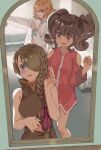  3girls anise_tatlin bare_arms bare_shoulders black_hair blonde_hair blue_eyes blush braid brown_hair dress dressing green_eyes hair_over_one_eye hair_over_shoulder hair_ribbon high_collar highres iko_(ico_ma2501) indoors long_hair looking_at_another looking_at_mirror mirror mirror_image multiple_girls natalia_luzu_kimlasca_lanvaldear ribbon single_braid sleeveless sleeveless_dress tales_of_(series) tales_of_the_abyss tear_grants twintails 