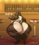  absurd_res alcohol anthro bar_stool beatrice_(based_andrew) beer beverage big_butt bottomwear brown_body butt cellulite cervid clothing countershading female furniture hair hair_over_eye hi_res huge_butt huge_hips huge_thighs looking_back mammal one_eye_obstructed overweight overweight_female purple_eyes shirt shorts solo stool takarachan thick_thighs topwear waiter 