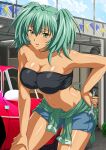  1girl ahoge alternate_costume bangs bare_arms black_bandeau collarbone day green_eyes green_hair grey_shorts hair_between_eyes hand_on_leg holding ikkitousen leaning_forward long_hair midriff navel open_mouth outdoors ryofu_housen shiny shiny_hair shiny_skin short_shorts shorts solo standing stomach strapless twintails 
