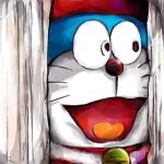  1:1 2019 anthro bell blue_body blue_fur collar domestic_cat doraemon doraemon_(character) felid feline felis front_view fur here&#039;s_johnny machine male mammal mt_tg open_mouth red_collar red_nose robot shaded solo stephen_king_(copyright) the_shining tongue whiskers white_body white_fur wood 