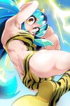  1girl :o absurdres animal_print arm_up armpits ass bangs bikini bongfill boots breasts covered_nipples green_hair highres horns knee_boots large_breasts long_hair looking_at_viewer lum multicolored_background oni pointy_ears shiny shiny_hair shiny_skin solo swimsuit teeth tiger_print urusei_yatsura 