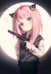  1girl absurdres anya_(spy_x_family) black_necktie black_pants black_vest blush chromatic_aberration closed_mouth collared_shirt commentary_request finger_on_trigger green_eyes gun hairpods han_seol hand_on_own_hip handgun head_tilt highres holding holding_gun holding_weapon horn_ornament horns long_sleeves looking_at_viewer medium_hair necktie pants pink_hair shirt simple_background smile smoke smoking_barrel solo spotlight spy_x_family standing suppressor upper_body vest weapon white_shirt 
