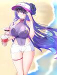  1girl alternate_costume alternate_hairstyle bare_shoulders beach blurry blurry_background blush bracelet breasts chinese_commentary cleavage clothing_cutout collarbone commentary_request covered_navel cup disposable_cup drinking drinking_straw fan_hair_ornament fox fox_girl genshin_impact highres hip_vent holding holding_cup huge_breasts jewelry long_hair looking_at_viewer looking_to_the_side no_mole ocean outdoors purple_eyes purple_hair raiden_shogun sand see-through_clothes shade sleeveless standing sunglasses swimsuit thick_thighs thigh_gap thighs upper_body very_long_hair visor_cap water yae_miko yae_miko_(fox) zhihe_box 