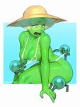  1girl absurdres alien artist_name bikini bikini_pull blonde_hair blush border breasts cleavage clothes_pull collarbone colored_nipples colored_skin covered_nipples fake_photograph fang forehead_jewel green_eyes green_skin hat highres large_breasts leaning_forward looking_down nipples one-piece_swimsuit one-piece_swimsuit_pull open_mouth peridot_(steven_universe) picture_frame polaroid_photo pulling_another's_clothes robonoid see-through_clothes shiny_skin short_hair simple_background sitting solo squishybolts steven_universe strap_gap straw_hat sun_hat surprised swimsuit thick_thighs thighs tinted_eyewear white_bikini white_border white_one-piece_swimsuit yellow_skin 
