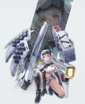  1girl absurdres bandaged_leg bandaged_stomach bandaged_waist bandages boots breasts capelet cloak commentary_request goddess_of_victory:_nikke grey_hair head-mounted_display highres korean_commentary large_breasts long_hair looking_at_viewer maya_(m4yatic) mechanical_arms midriff navel official_alternate_costume scar scar_on_leg scar_on_thighs shirt snow_white_(heavy_arms)_(nikke) snow_white_(nikke) squatting torn_capelet torn_cloak torn_clothes visor_(armor) visor_lift weapon white_cloak white_hair white_shirt yellow_eyes zoom_layer 