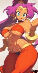  :d absurdres arabian_clothes bandeau bare_shoulders blue_eyes bracer breasts choker cleavage cowboy_shot dark-skinned_female dark_skin earrings gold_bracer gold_tiara hand_up harem_outfit harem_pants high_ponytail highres hoop_earrings jewelry long_hair mewmaster93 midriff navel o-ring o-ring_top open_mouth pants pointy_ears ponytail purple_hair red_bandeau shantae shantae_(series) simple_background smile tiara underboob very_long_hair 