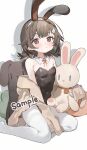  1girl animal_ear_hairband animal_ears black_hair black_leotard blush breasts brown_eyes brown_hair brown_jacket closed_mouth covered_navel detached_collar fake_animal_ears hairband highres jacket leotard looking_at_viewer measho medium_hair original pantyhose playboy_bunny rabbit_ear_hairband rabbit_ears sample_watermark sitting small_breasts solo strapless strapless_leotard stuffed_animal stuffed_rabbit stuffed_toy wariza watermark white_background white_pantyhose 
