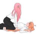  2girls ahoge black_pants blonde_hair blush bocchi_the_rock! collared_shirt commentary_request cube_hair_ornament gotoh_hitori hair_ornament highres ijichi_nijika long_hair looking_at_another mentos_pepsi multiple_girls pants pink_hair red_eyes shirt side_ponytail simple_background sitting sitting_on_person straddling white_background white_shirt yuri 