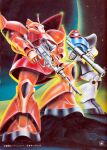  1970s_(style) 1980s_(style) asteroid bazooka_(gundam) beam_rifle box_art commentary_request dom_(mobile_suit) earth_(planet) energy_gun gelgoog gelgoog_s_char_custom glint gundam gunpla hasegawa_masayuki highres holding holding_weapon mecha mecha_focus mobile_suit mobile_suit_gundam model_kit no_humans official_art one-eyed painting_(medium) planet realistic retro_artstyle rick_dom robot scan science_fiction shield traditional_media weapon zeon 