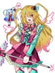  2girls :d absurdres arm_behind_back blonde_hair blue_hair blush_stickers bow bowtie brooch chinese_commentary commentary_request cross-laced_clothes detached_wings don_quixote_(project_moon) double-parted_bangs drawn_wings dress_shirt e.g.o_(project_moon) fang feathers fragments_from_somewhere_(e.g.o) frilled_shirt frilled_skirt frills garter_straps hair_ornament heart heart_hair_ornament heart_pin highres holding holding_wand in_the_name_of_love_and_hate_(e.g.o) jewelry limbus_company long_hair long_sleeves magical_girl multiple_girls one_eye_closed open_clothes open_mouth open_vest orange_eyes pink_bow pink_bowtie pink_garter_straps pink_skirt pink_vest pink_wings project_moon queen_of_hatred shirt sidelocks simple_background skirt smile spoken_heart star_(symbol) two_side_up urlicar v vest wand wavy_hair white_background white_shirt winged_wand wings 