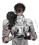  1boy animal_ear_helmet animal_helmet arm_armor armor black_gloves black_hair black_mask blue_eyes burn_scar closed_mouth commentary eye_mask gloves half_eye_mask helmet highres holding holding_unworn_helmet j_(reverse:1999) j_(the_lone_wolf's_howl)_(reverse:1999) looking_at_viewer male_focus mask mip_(mmmiiippp999) official_alternate_costume reverse:1999 scar scar_on_face short_hair shoulder_armor solo unworn_headwear unworn_helmet upper_body white_background 