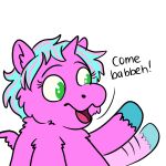 1:1 1_horn 2025 absurd_res ambiguous_feral ambiguous_gender baby_talk blue_hair blue_hooves comic dialogue digital_media_(artwork) english_text equid equine eyelashes feral flat_colors fluffy_pony fluffy_pony_(species) fur gesture green_eyes hair hi_res hooves horn mammal multicolored_hair mythological_creature mythological_equine mythology open_mouth pink_body pink_fur pink_hair simple_background smile solo squeegull text two_tone_hair waving white_background winged_unicorn wings