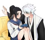  1boy 1girl black_eyes black_hair bleach bleach:_sennen_kessen-hen commentary controller couch english_commentary expressionless eyes_visible_through_hair game_controller green_eyes haori high_ponytail highres hitsugaya_toushirou holding holding_controller holding_game_controller japanese_clothes kurosaki_karin miniskirt pillow playing_games playing_video_games pleated_skirt ponytail school_uniform serafuku shihakusho sidelocks silegesi sitting skirt taichou_haori white_hair 