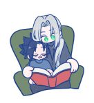  105zz 2boys alternate_costume black_hair black_jacket black_sweater book chair chibi chibi_only closed_eyes commentary_request crisis_core:_final_fantasy_vii drooling final_fantasy final_fantasy_vii green_eyes grey_hair hair_over_shoulder holding holding_book jacket low_ponytail male_focus mouth_drool multiple_boys parted_bangs ponytail reading sephiroth short_hair sitting sitting_on_lap sitting_on_person slit_pupils sweater turtleneck turtleneck_sweater upper_body white_background yaoi zack_fair 