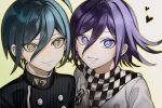  2boys ahoge bangs black_jacket blue_eyes blush brown_eyes buttons checkered_clothes checkered_scarf danganronpa_(series) danganronpa_v3:_killing_harmony fang green_hair grey_jacket grin hair_between_eyes heart highres jacket male_focus medium_hair multiple_boys ouma_kokichi portrait purple_hair saihara_shuuichi scarf shiny shiny_hair smile striped striped_jacket teeth very_fruity yaoi 