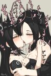 2girls artist_name bare_shoulders black_collar black_hair blush breast_press breasts chocolate chocolate_on_body chocolate_on_breasts chocolate_on_tongue cleavage collar commentary couple dreamer_(girls'_frontline) dripping eye_contact face-to-face food_on_body forehead french_kiss frown furrowed_brow girls'_frontline grey_background half-closed_eyes hand_on_another's_shoulder headgear highres holding_another's_arm judge_(girls'_frontline) kiss long_hair long_sleeves looking_at_another medium_breasts metal_collar multiple_girls parted_bangs pink_pupils profile sangvis_ferri shared_food sidelocks simple_background sound_effects speech_bubble strapless sweat symmetrical_docking tongue tongue_out translation_request upper_body veins veiny_face yellow_eyes yuri zafuri_(yzrnegy) 