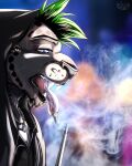  2022 absurd_res anthro blurred_background bodily_fluids clothing device dripping felid hair hi_res hoodie jacket male mammal multicolored_hair pantherine punk saliva saliva_drip signature smoke snow_leopard solo tai_l_rodriguez teeth tongue tongue_out topwear vaping year 