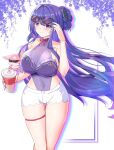  1girl alternate_costume alternate_hairstyle bare_shoulders blurry blurry_background blush bracelet breasts chinese_commentary cleavage clothing_cutout collarbone commentary_request covered_navel cup disposable_cup drinking drinking_straw fan_hair_ornament fox fox_girl genshin_impact highres hip_vent holding holding_cup huge_breasts jewelry long_hair looking_at_viewer looking_to_the_side no_mole purple_eyes purple_hair raiden_shogun see-through_clothes shade sleeveless standing sunglasses swimsuit thick_thighs thigh_gap thighs upper_body very_long_hair visor_cap white_background yae_miko yae_miko_(fox) zhihe_box 