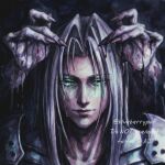  1boy 1other aqua_eyes armor black_coat closed_mouth coat commentary crying dirty_hands english_commentary final_fantasy final_fantasy_vii fingernails grey_hair highres jenova long_bangs long_hair male_focus monsterbf1ilove parted_bangs pauldrons sephiroth sharp_fingernails shoulder_armor slit_pupils solo straight_hair tears twitter_username upper_body 