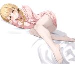  1girl absurdres black_ribbon blonde_hair blush braid closed_mouth commentary_request fang fang_out feet fujita_kotone gakuen_idolmaster hair_ornament hair_ribbon hairclip highres idolmaster legs long_hair long_sleeves looking_at_viewer lying minazuki_(uraha246) on_side pantyhose ribbon simple_background smile solo twin_braids white_background white_pantyhose yellow_eyes 