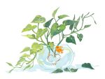  animal animal_focus artist_name commentary commission english_commentary fish fishbowl frog goldfish highres leaf no_humans original painterly petals plant procreate_(medium) simple_background titsay water water_drop watermark white_background 