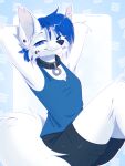 3:4 absurd_res anthro arm_tuft black_bottomwear black_clothing black_collar black_nose black_shorts bloominglynx blue_clothing blue_eyes blue_hair blue_topwear bottomwear canid canine cheek_tuft closed_smile clothed clothing collar ear_piercing elbow_tuft facial_tuft fangs female female_anthro fur glistening glistening_eyes hair hands_behind_head hi_res knee_tuft leg_tuft looking_at_viewer mammal mouth_closed one_eye_closed pattern_background piercing short_hair shorts simple_background sitting smile solo teeth topwear tuft white_body white_fur