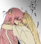  arms_around_neck blonde_hair blue_eyes blush bocchi_the_rock! commentary cube_hair_ornament ear_blush gotoh_hitori gradient_background grey_background gungunpupushui hair_ornament hashtag-only_commentary highres ijichi_nijika implied_fingering jacket long_hair pink_hair pink_jacket shirt side_ponytail speech_bubble sweat track_jacket translation_request white_shirt yuri 