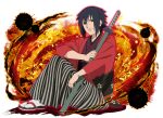  1boy alternate_costume black_eyes black_hair black_hakama hakama hakama_pants japanese_clothes katana kimono looking_at_viewer naruto_(series) naruto_shippuuden:_ultimate_ninja_blazing official_art pants red_kimono sandals socks solo striped_hakama sword two-tone_hakama uchiha_sasuke weapon white_hakama white_socks 