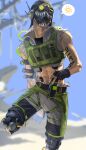  1boy abs absurdres apex_legends arm_tattoo black_gloves black_headwear black_shirt c2h4_(1849155751) cable can cropped_shirt dust fingerless_gloves gloves goggles green_vest grey_shorts grey_vest highres holding holding_can leg_up looking_up male_focus mask mechanical_legs mouth_mask navel octane_(apex_legends) shirt shorts sky solo speech_bubble spoken_sun sweat tattoo vest 