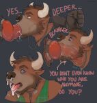 2017 animal_dildo animal_sex_toy anthro beard bodily_fluids bovid bovine brown_hair canine_dildo cattle clothing collar deep_throat deepthroat_training dialogue dildo duo english_text facial_hair facial_piercing gnomen_(gnomenclature) hair hi_res hypnosis leash leashed_collar male mammal mind_control nastyspook nose_piercing nose_ring open_mouth oral oral_penetration pattern_clothing pattern_shirt pattern_topwear penetration piercing plaid plaid_clothing plaid_shirt plaid_topwear ring_piercing ringed_eyes saliva saliva_on_face sex_toy shirt simple_background solo_focus submissive submissive_male text tongue tongue_out topwear trans_(lore) trans_man_(lore)