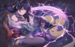  1girl back_bow back_tattoo bow braid bridal_gauntlets commentary_request electricity electro_symbol_(genshin_impact) er_gou_daoren fan_hair_ornament genshin_impact glowing glowing_eye glowing_sword glowing_weapon highres holding holding_sword holding_weapon japanese_clothes katana kimono lingerie long_braid looking_at_viewer looking_to_the_side mitsudomoe_(shape) musou_isshin_(genshin_impact) off_shoulder one_eye_closed purple_background purple_kimono purple_thighhighs raiden_shogun red_sash sash shade single_braid solo sword tattoo thighhighs tomoe_(symbol) underwear upper_body weapon wide_sleeves 