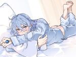  1boy alternate_costume ass barefoot blue_eyes blue_gem blue_hair blue_pajamas blush butt_crack cheek_bulge closed_mouth clothes_pull edmond_(nu_carnival) eyelashes feet_up foreshortening full_body gem hair_between_eyes hair_down holding holding_pillow jewelry long_hair long_sleeves looking_at_viewer lying male_focus messy_hair nu_carnival on_bed on_stomach pajamas pants pants_pull pillow pursed_lips ring solo toe_scrunch v-shaped_eyebrows your_yanjiu 