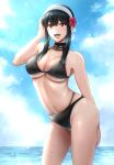  1girl :d bikini black_bikini black_hair blue_sky blush breasts cleavage cloud collarbone day flower hair_flower hair_ornament hairband highres large_breasts navel ocean open_mouth outdoors red_eyes short_hair_with_long_locks sky smile solo spy_x_family swimsuit tsukumo_momo water wet white_hairband yor_briar 
