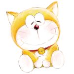  1:1 2019 anthro bell collar domestic_cat doraemon doraemon_(character) ears_up eyes_closed felid feline felis fur machine male mammal mouth_closed mt_tg pouch_(anatomy) red_collar red_nose robot shaded simple_background sitting smile solo whiskers white_background white_body white_fur yellow_body yellow_fur 