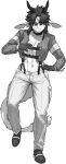  2022 5_fingers anthro bottomwear breasts chabett cleavage clothed clothing dragon female fingers greyscale hair hi_res horn monochrome pants pgm300 signature simple_background solo white_background white_bottomwear white_clothing white_pants wingless_dragon 