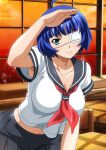  1girl ahoge bangs blue_hair blunt_bangs bob_cut classroom collarbone collared_shirt dusk eyepatch green_eyes grey_sailor_collar grey_skirt ikkitousen indoors looking_at_viewer midriff mole mole_under_mouth neckerchief pleated_skirt red_neckerchief ryomou_shimei sailor_collar sailor_shirt school_uniform serafuku shiny shiny_hair shirt short_hair short_sleeves skirt solo stomach white_shirt 