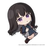  1girl backpack bag belt black_hair black_socks blue_belt blue_dress brown_shoes chibi commentary dress english_commentary full_body goddess_of_victory:_nikke grey_dress grey_hair highres inoue_takina loafers long_hair long_sleeves looking_at_viewer lycoris_recoil lycoris_uniform multicolored_hair neck_ribbon no_nose official_art purple_eyes ribbon school_uniform shoes socks solo totatokeke two-tone_dress two-tone_hair very_long_hair 