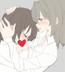  2girls blush bow breast_sucking brown_hair censored censored_nipples closed_eyes collared_shirt commentary ear_bow grey_background grey_eyes grey_hair hand_on_another's_head heart heart_censor lowres multiple_girls open_clothes open_mouth open_shirt original shirt simple_background sou_(tuhut) sweat white_shirt yuri 