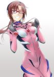  1girl black_hairband bodysuit breasts breasts_apart brown_hair floating_hair glasses gloves gradient gradient_background grey_background grey_gloves grin hairband highres ivuki leg_up long_hair low_twintails makinami_mari_illustrious neon_genesis_evangelion one_eye_closed pink_bodysuit plugsuit rebuild_of_evangelion red-framed_eyewear shiny shiny_hair small_breasts smile solo twintails white_background 