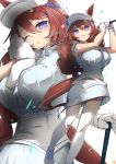  1girl animal_ears blue_eyes blush bow braid breasts brown_hair commentary dress ear_bow ears_through_headwear gloves golf golf_club hair_between_eyes highres holding holding_golf_club holding_towel horse_ears horse_girl horse_tail keyfanjun large_breasts long_hair multicolored_hair multiple_views one_eye_closed parted_lips shoes smile streaked_hair super_creek_(umamusume) sweat swinging_golf_club tail thighhighs towel umamusume very_long_hair visor_cap white_gloves white_hair white_thighhighs 