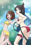  2girls :d absurdres artist_name ass bare_arms bare_legs bikini black_hair blue_eyes breasts brown_eyes brown_hair day earrings fankifalu gloria_(pokemon) highres hose jewelry lens_flare marnie_(pokemon) multiple_girls one_side_up outdoors pokemon pokemon_(game) pokemon_swsh profile red_bikini shiny shiny_hair short_hair sideboob small_breasts smile sparkle sunlight swimsuit thigh_strap yellow_bikini 