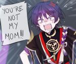  1boy anger_vein angry bangs english_commentary english_text fallenmaples genshin_impact hair_between_eyes highres japanese_clothes male_focus open_mouth purple_eyes purple_hair scaramouche_(genshin_impact) short_hair short_sleeves shouting solo speech_bubble teeth upper_body wide_sleeves 