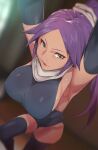  1girl black_gloves black_thighhighs bleach blurry blurry_background breasts elbow_gloves gloves highres kuma_(jk0073) large_breasts long_hair looking_at_viewer open_mouth ponytail purple_hair scarf shihouin_yoruichi shiny shiny_hair sideboob smile solo thighhighs yellow_eyes 
