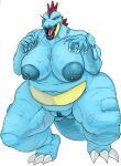  2022 anthro areola belly big_breasts blue_areola blue_body blue_nipples blue_pussy blue_scales breasts claws crocodilian deep_navel female feraligatr finger_claws front_view full-length_portrait generation_2_pokemon genitals hi_res lipstick makeup navel nintendo nipples nude open_mouth overweight overweight_anthro overweight_female pdxyz pokemon pokemon_(species) pokemorph portrait pussy reptile scales scalie simple_background solo thick_thighs toe_claws video_games white_background 