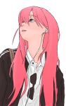  1girl black_jacket blue_eyes bocchi_the_rock! commentary_request earbuds earphones gotoh_hitori highres jacket long_hair mentos_pepsi parted_lips pink_hair shirt simple_background solo sunglasses white_background white_shirt 